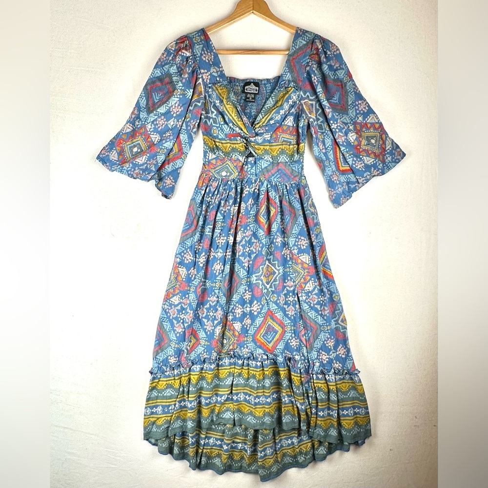 Angie Twist -Neck  Smocked Geo Midi/Maxi Dress Keyhole Waist Boho Hippie